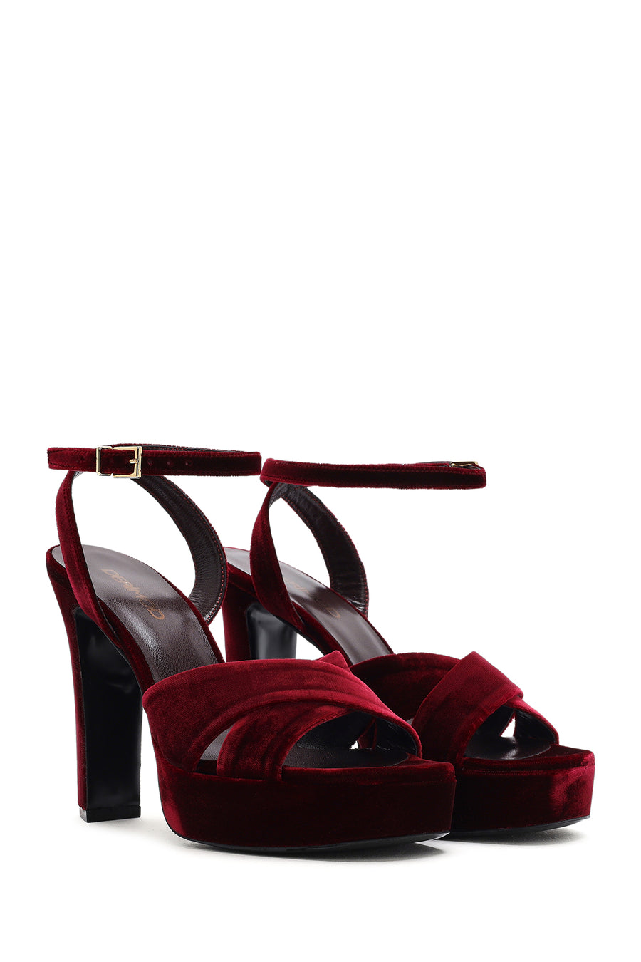 Women's Burgundy Ankle Buckle Platform High Thick Heel Velvet Sandals