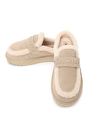 Woman Beige Thick-Soled Fur-Lined Suede Teddy Slipper | Derimod