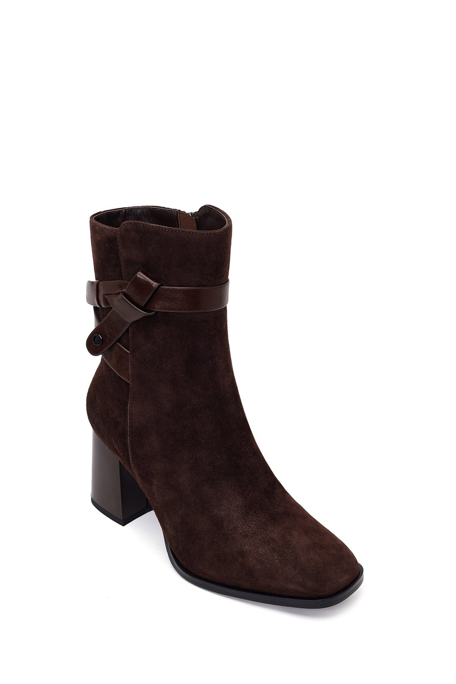 Woman Brown Zip Closure Chunky Heeled Suede Boots