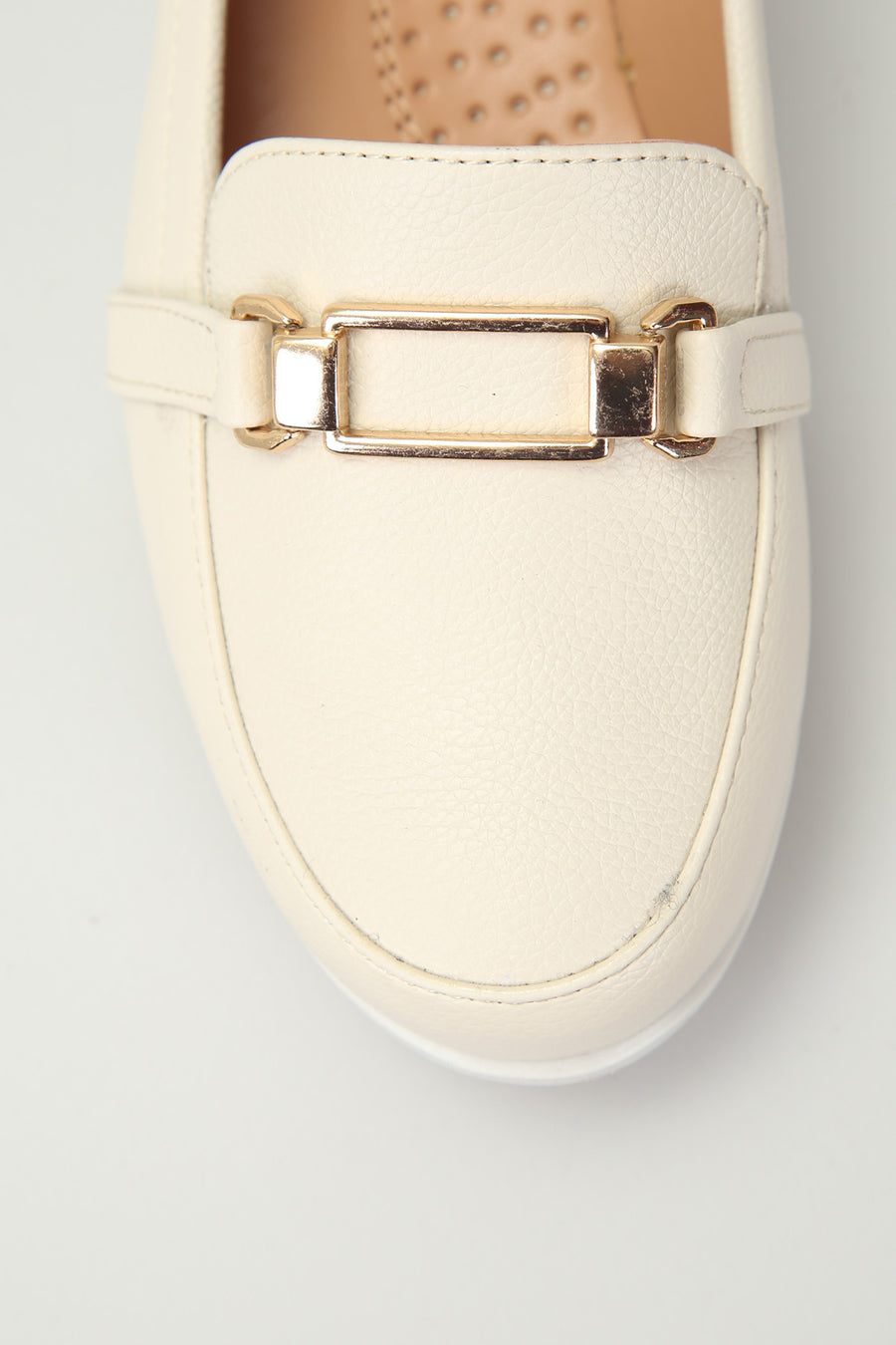 Beige Women's Leather Loafer with Wedge Heels
