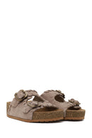 Woman Beige Double-Buckle Thick-Soled Suede Slipper | Derimod