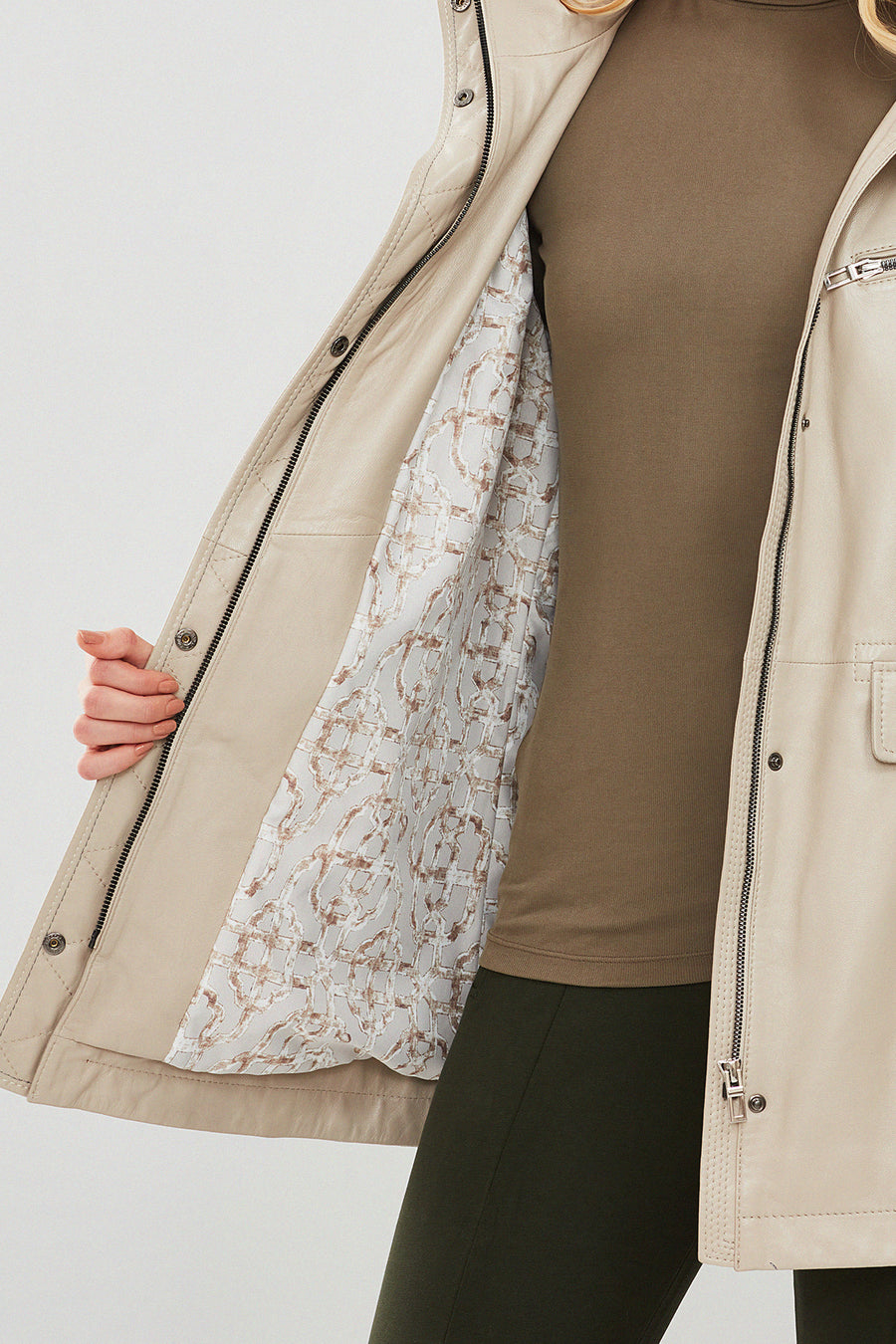 Agatha Women's Beige Hooded Long Leather Coat
