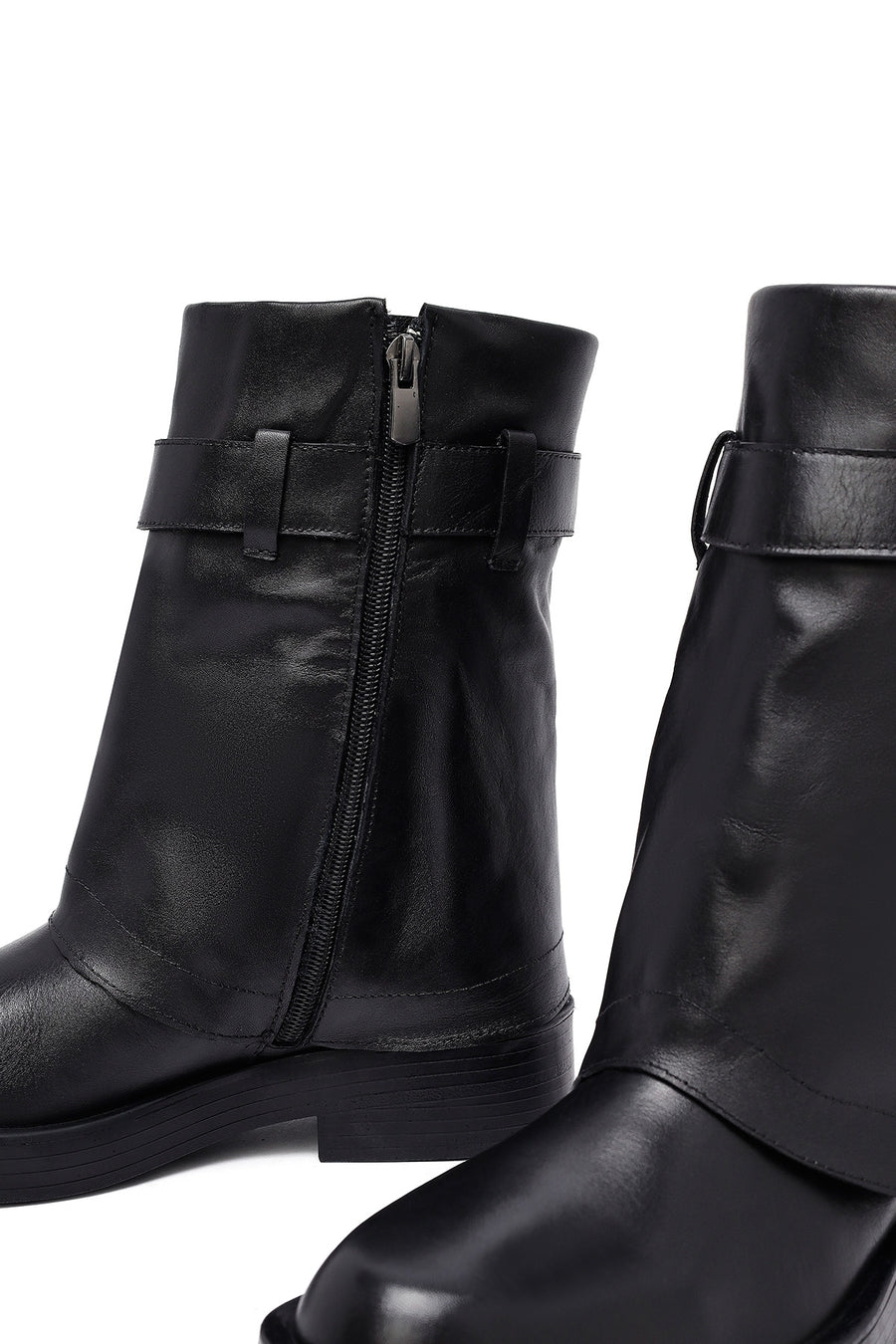Women's Black Buckled Biker Leather Boot