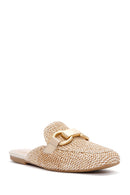 Women's Beige Buckle Detailed Straw Leather Slippers | Derimod