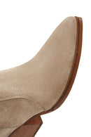 Women's Beige Suede Leather Cowboy Heeled Boots | Derimod