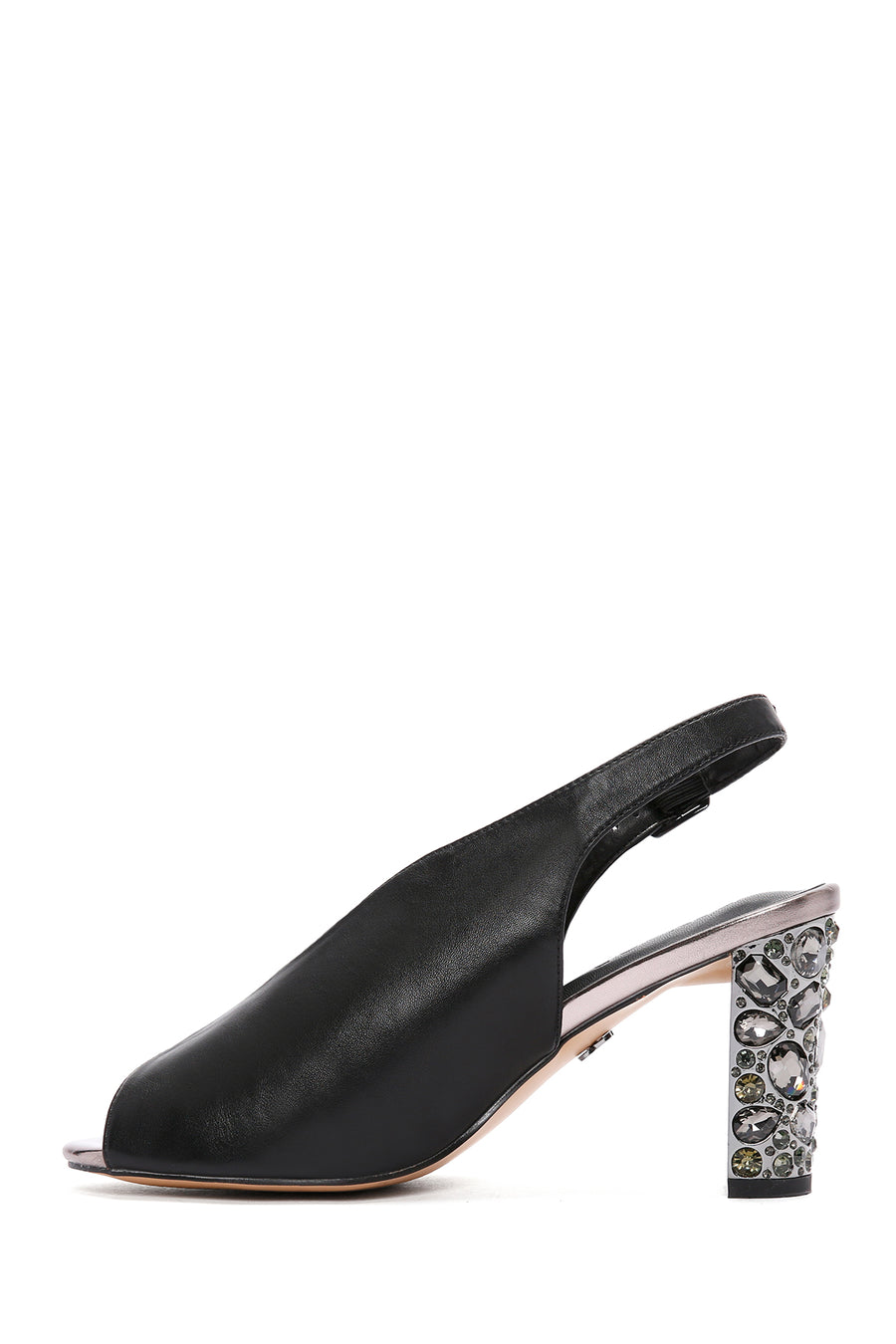 Women's Black Back Strap Stoned Thick Heel Sandals