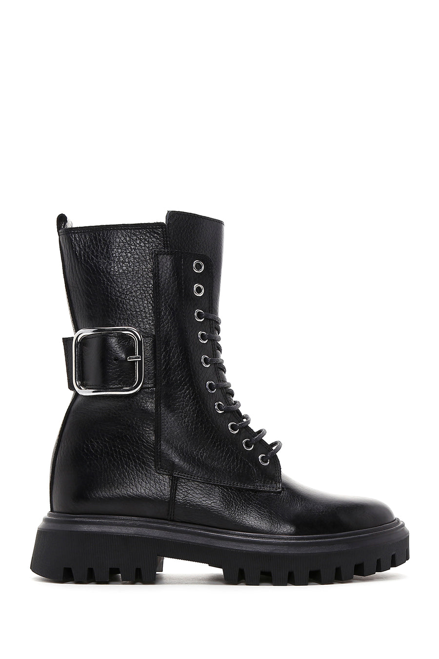 Women's Black Leather Buckle Zippered Boots 23WFD1623FT | Derimod