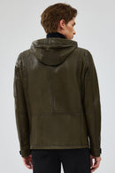 John Men's Green Hooded Leather Jacket | Derimod