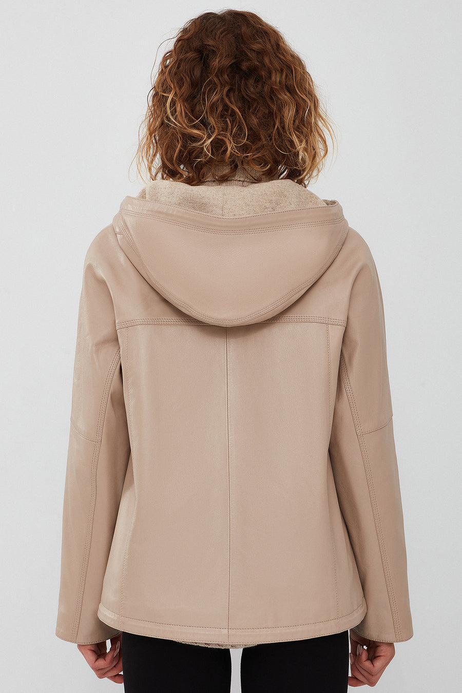 Roma Women's Beige Hooded Double-Sided Oversize Leather Jacket