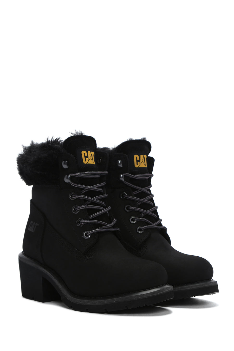 Caterpillar Women's Black Nikki Thick Heeled Nubuck Leather Boots
