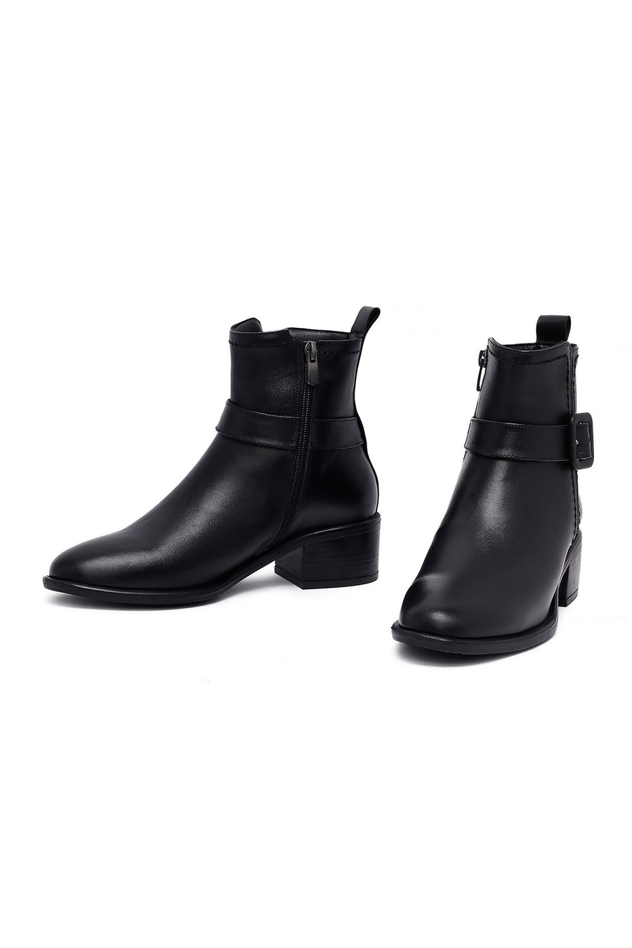 Women's Black Zippered Short Thick Heeled Leather Boots