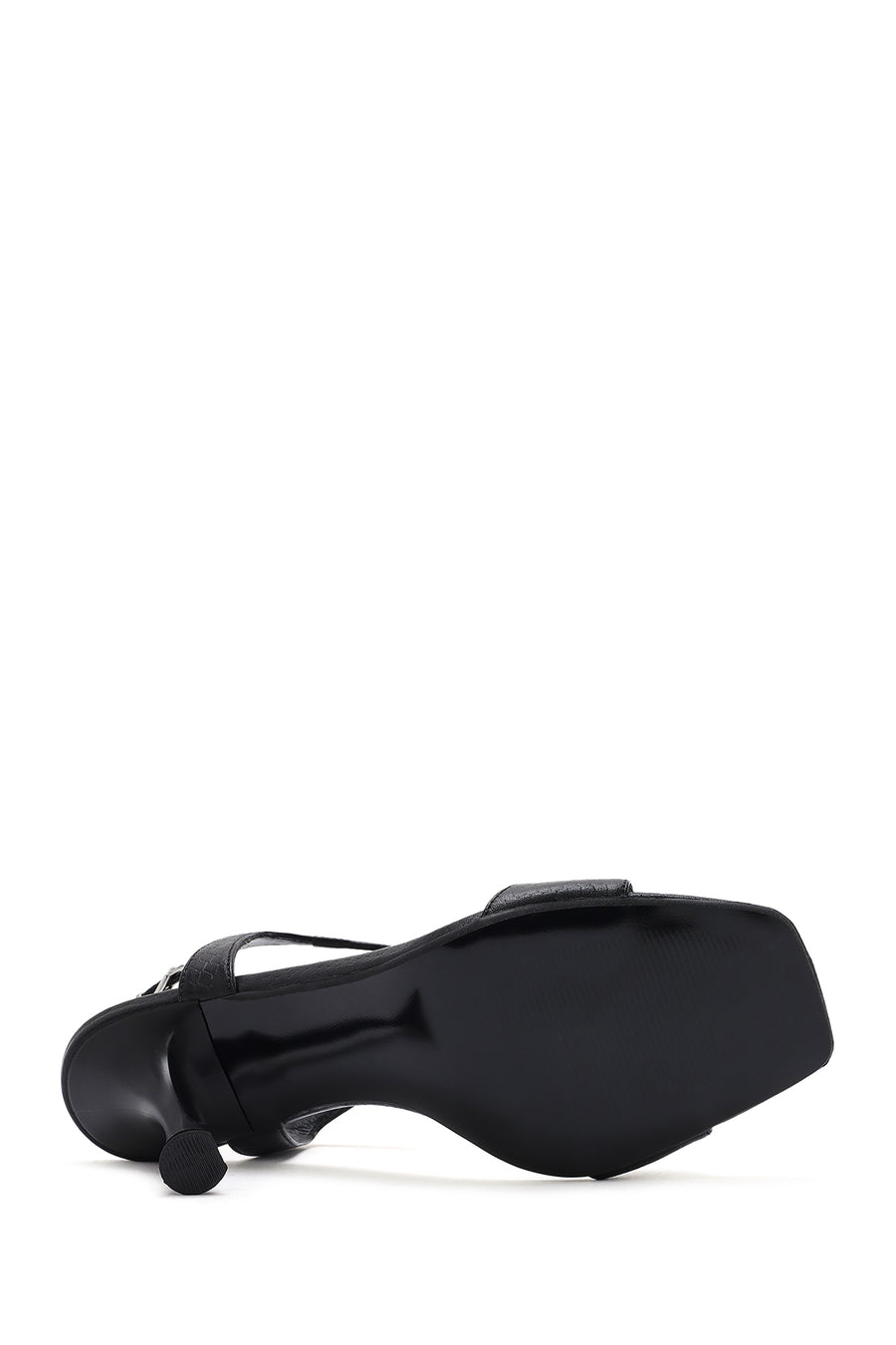 Women's Black Ankle Strap Patterned Leather Thin High Heel Sandals