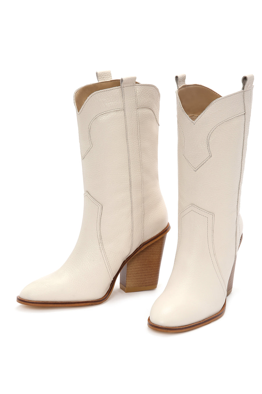 Women's Beige Thick Heeled Leather Cowboy Boots