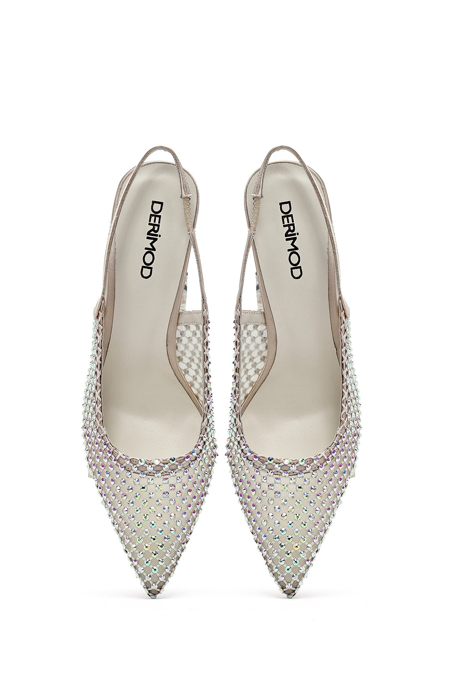 Women's Beige Stoned Open Back Thin Heeled Leather Shoes
