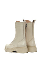 Women's Cream Zippered Boots Flat Leather Boots | Derimod
