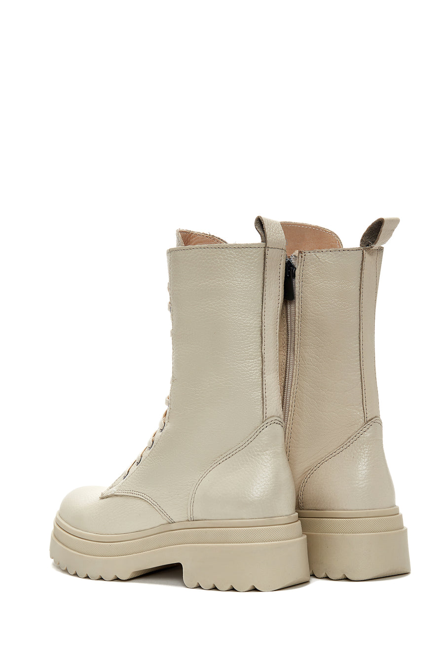 Women's Cream Zippered Boots Flat Leather Boots