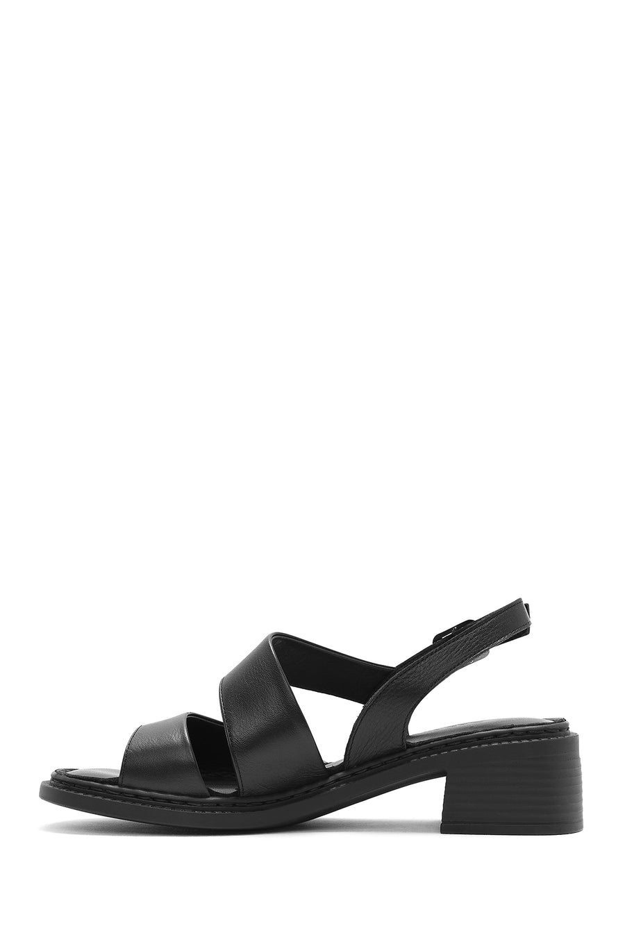 Women's Black Ankle Buckle Low Heel Leather Sandals