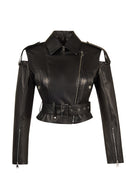Avanti Woman Black Off-Shoulder Short Biker Leather Jacket | Derimod