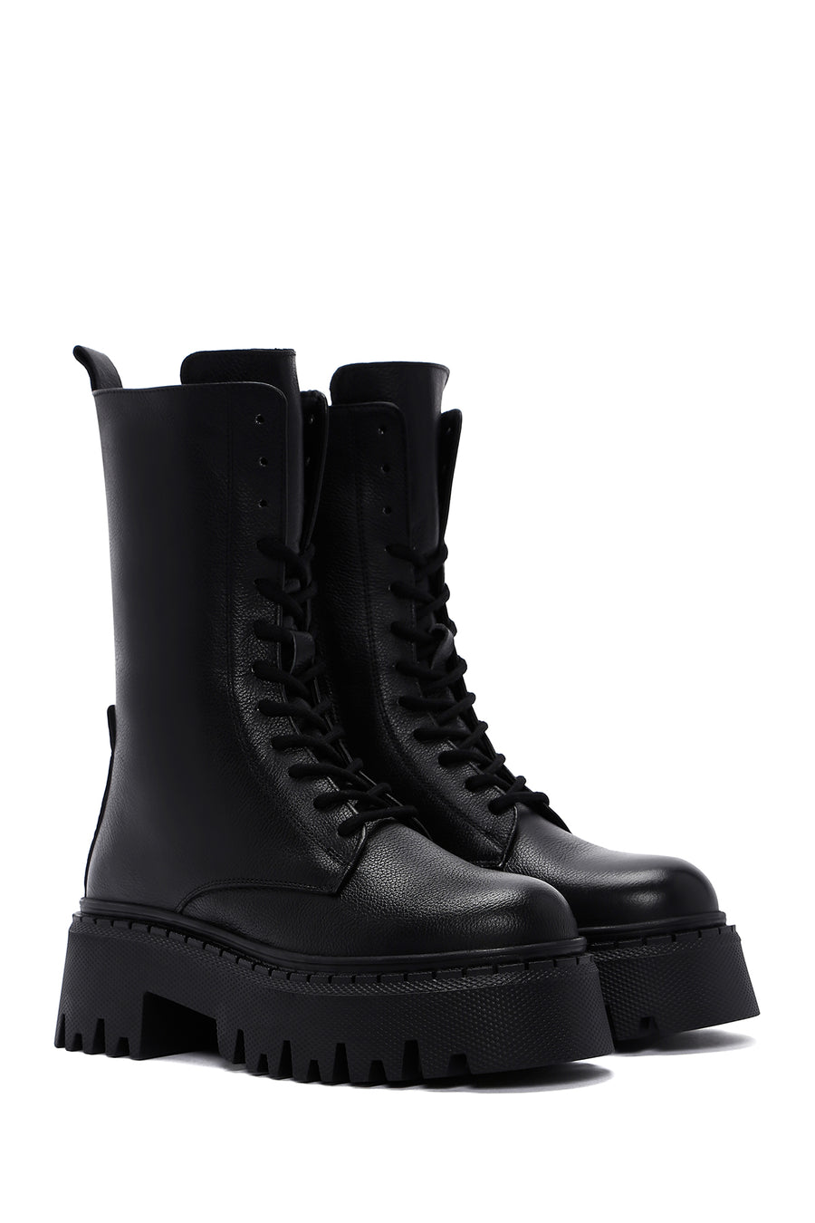 Women's Black Leather Thick Soled Boots