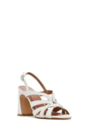 Women's Cream Ankle Buckle Patterned Thick Heel Leather Sandals | Derimod