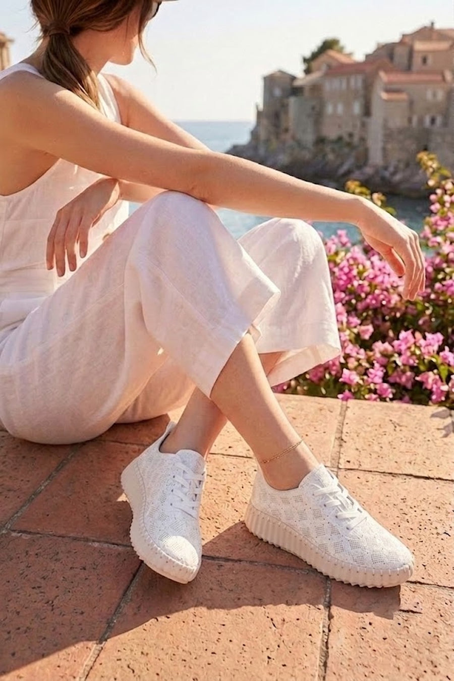 Woman White Lace-Up Patterned Thick-Soled Fabric Sneaker