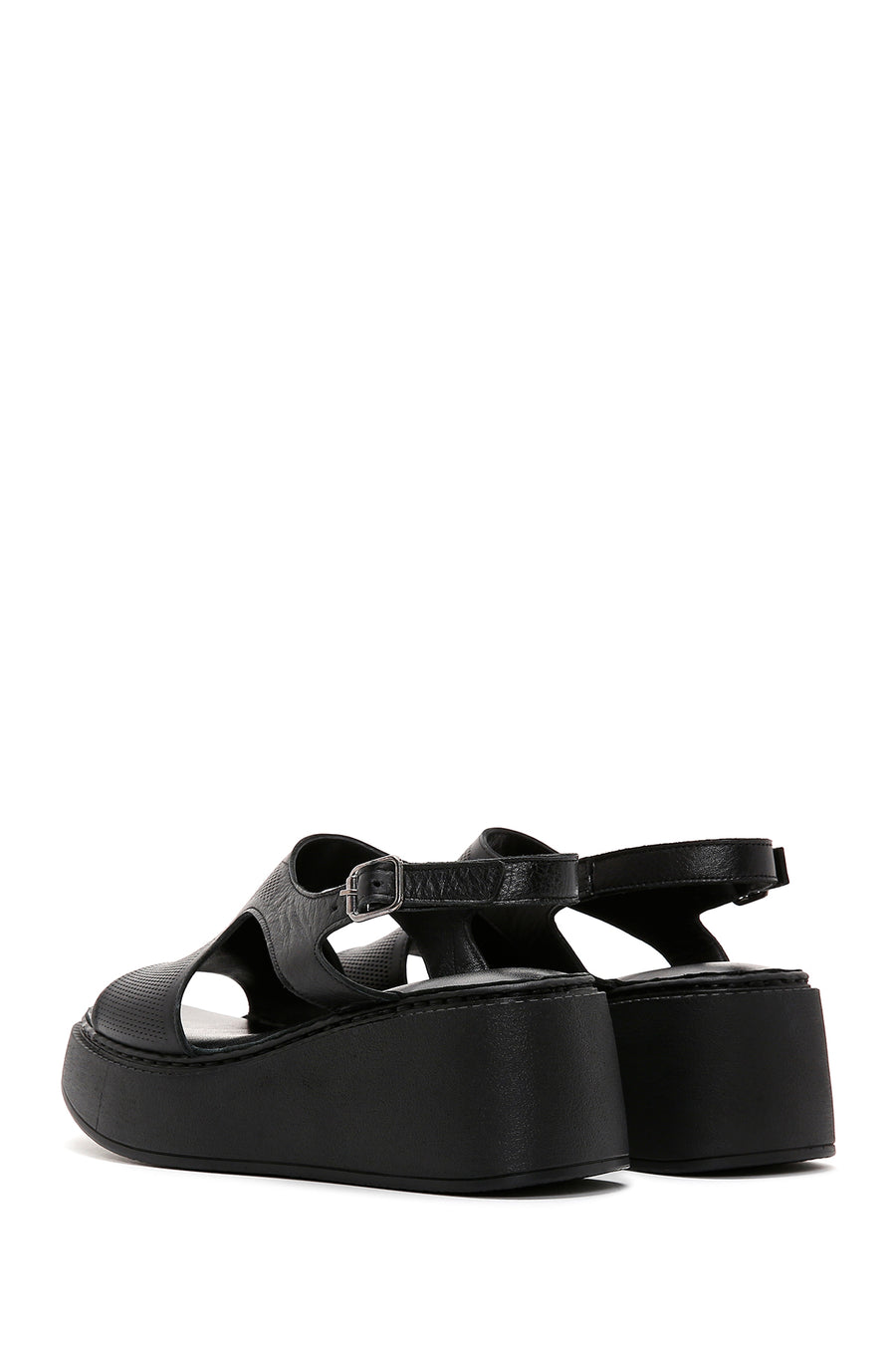 Women's Black Ankle Strap Wedge Heeled Leather Comfort Sandals