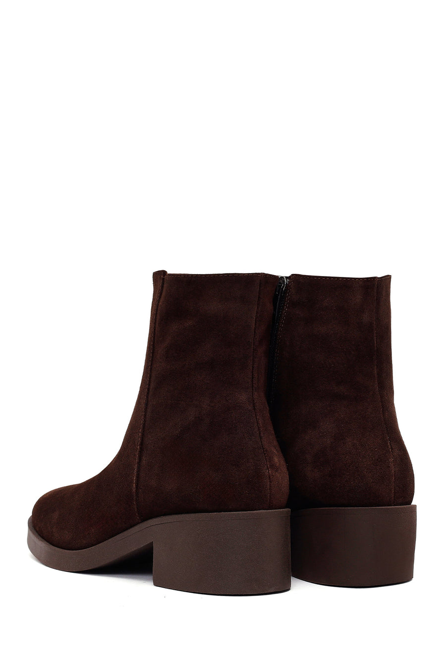 Woman Brown Zip Closure Chunky Heeled Suede Boots