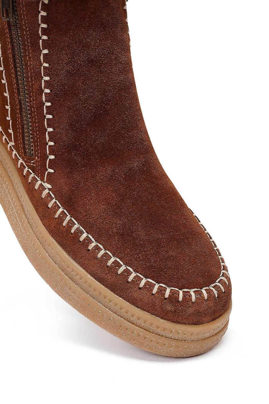 Woman Brown Zippered Thick-Soled Suede Leather Teddy Bot