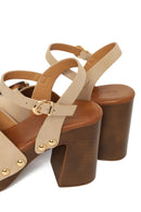 Woman Beige Buckled Ankle Platform Chunky High-Heel Suede Sandals | Derimod