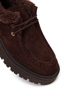Woman Brown Lace-Up Fur-Detail Thick-Soled Suede Casual Shoes | Derimod