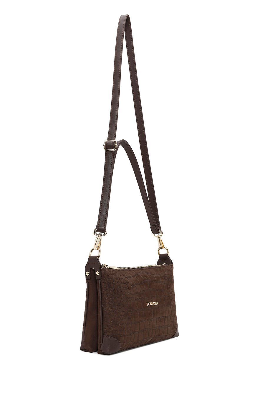 Woman Brown Printed Long-Strap Suede Shoulder Bag