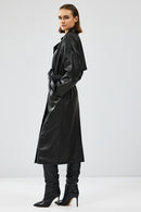 Nicole Women's Black Double Breasted Long Leather Trench Coat | Derimod