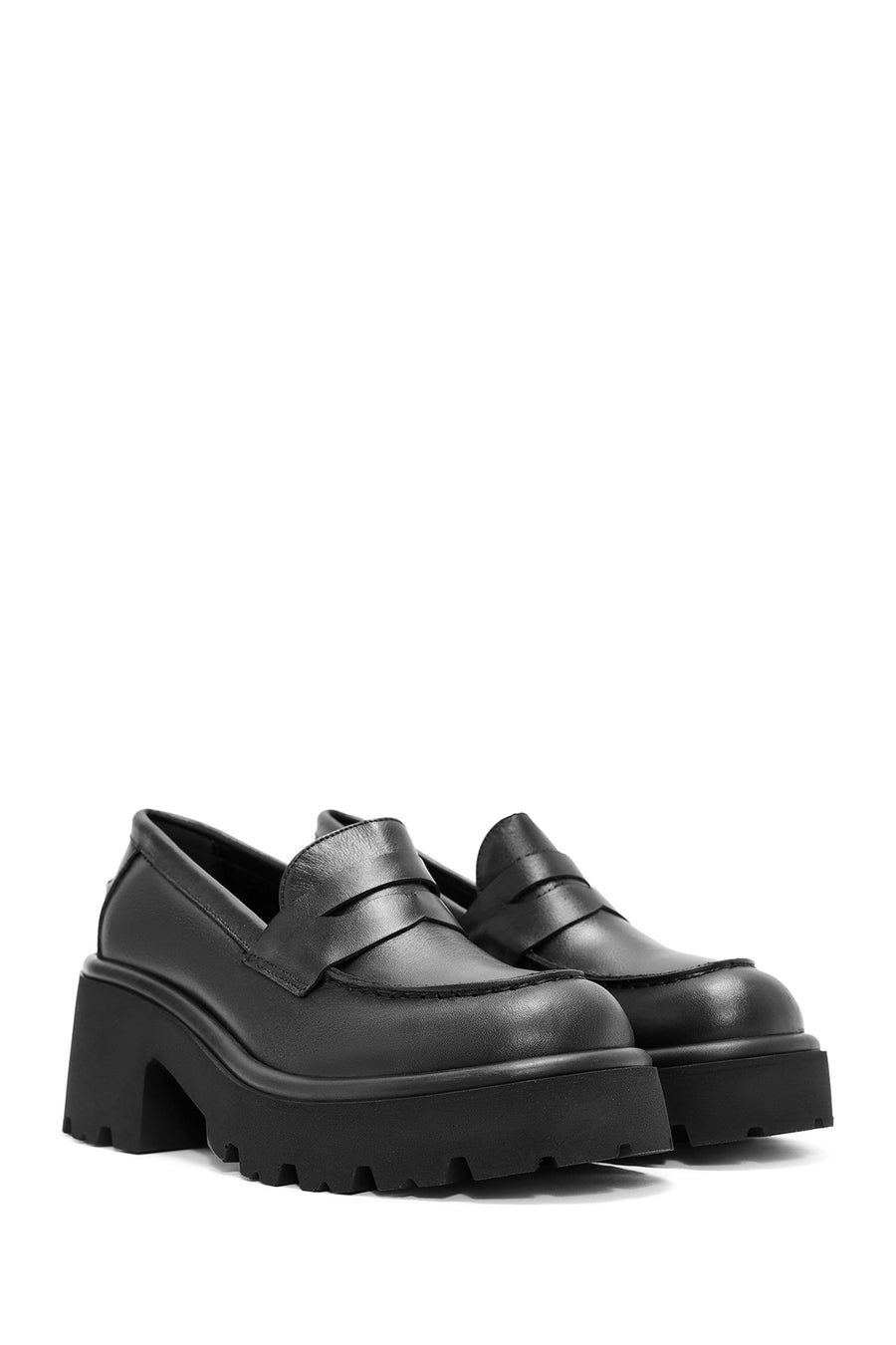 Women's Black Thick Heeled Leather Masculine Loafer