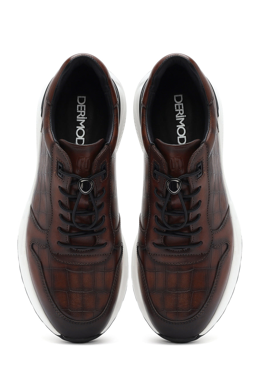 Erkek Kahverengi Kroko Desenli Bağcıklı Deri Sneaker