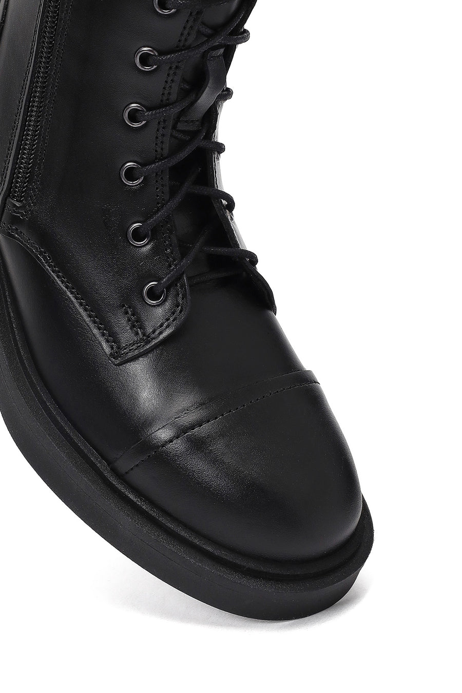 Women's Black Lace-Up Zipper Leather Combat Boots