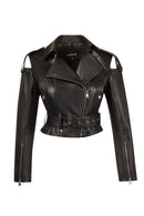 Avanti Woman Black Off-Shoulder Short Biker Leather Jacket | Derimod