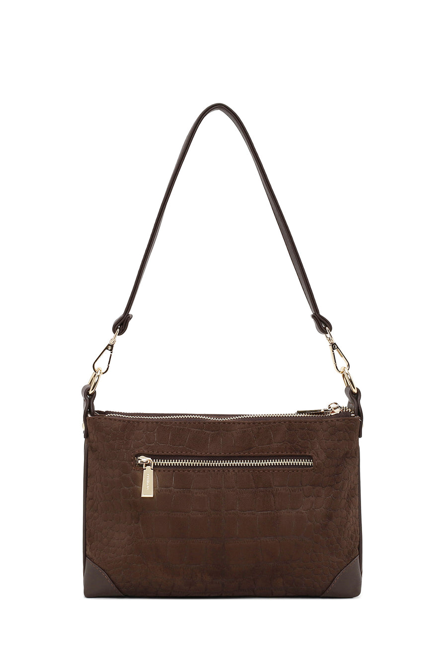 Woman Brown Printed Long-Strap Suede Shoulder Bag
