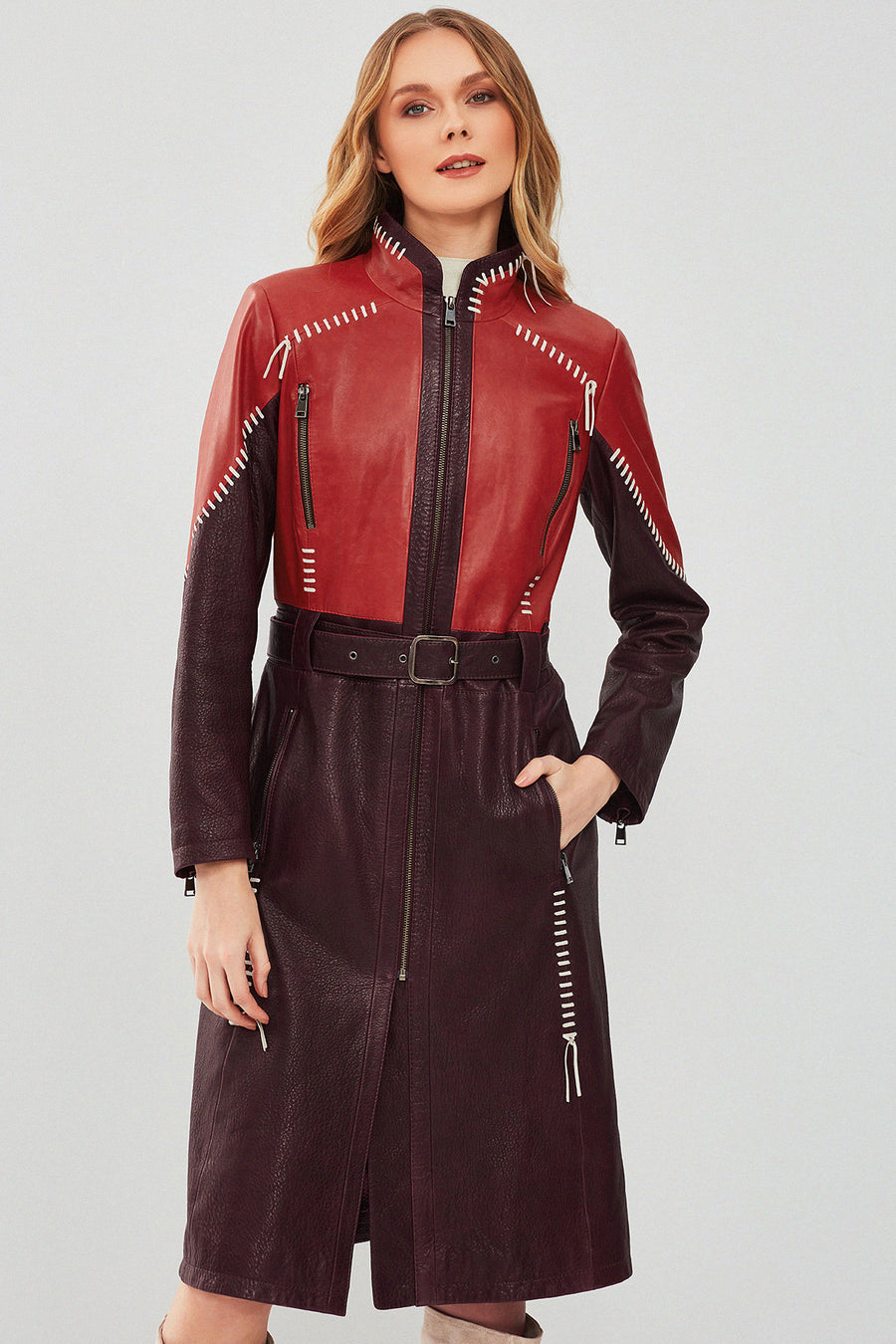 Carmen Women's Burgundy Leather Trench Coat