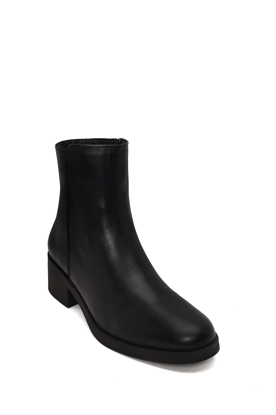 Woman Black Zip Closure Short Thick-heeled Leather Boots
