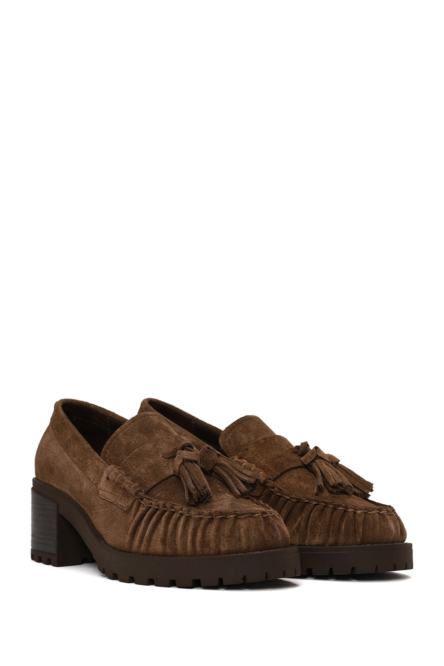 Woman Walnut Tassel Chunky Heeled Suede Loafer