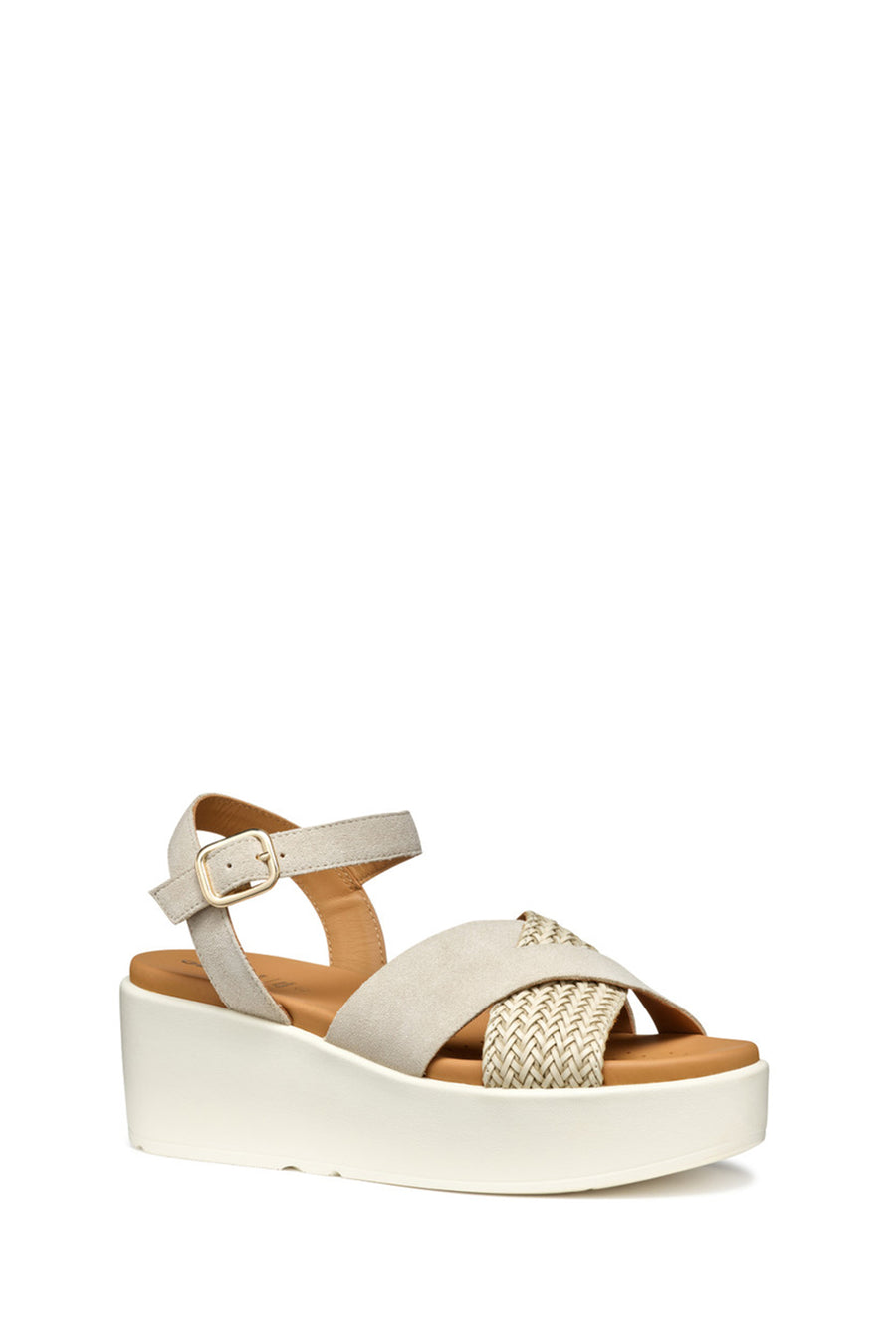 Geox Women Beige D Xand 2.2SA - Suede Ankle Buckle Wedge Heel Leather Sandals