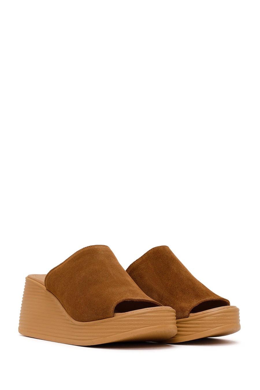 Woman Tan Wedge-Heel Suede Leather Slippers