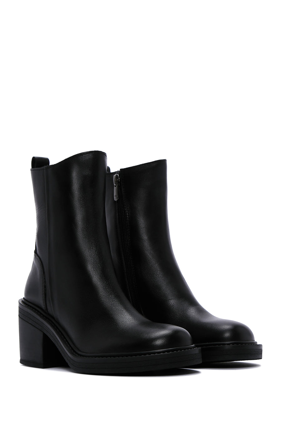 Women's Black Leather Zippered Heeled Boots