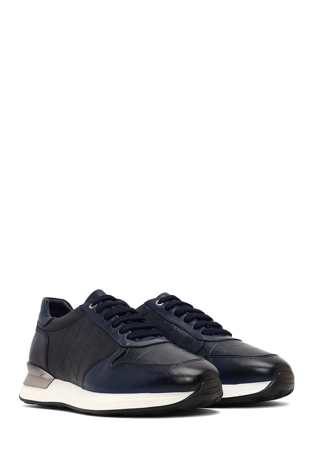 Erkek Lacivert Bağcıklı Kalın Tabanlı Deri Sneaker