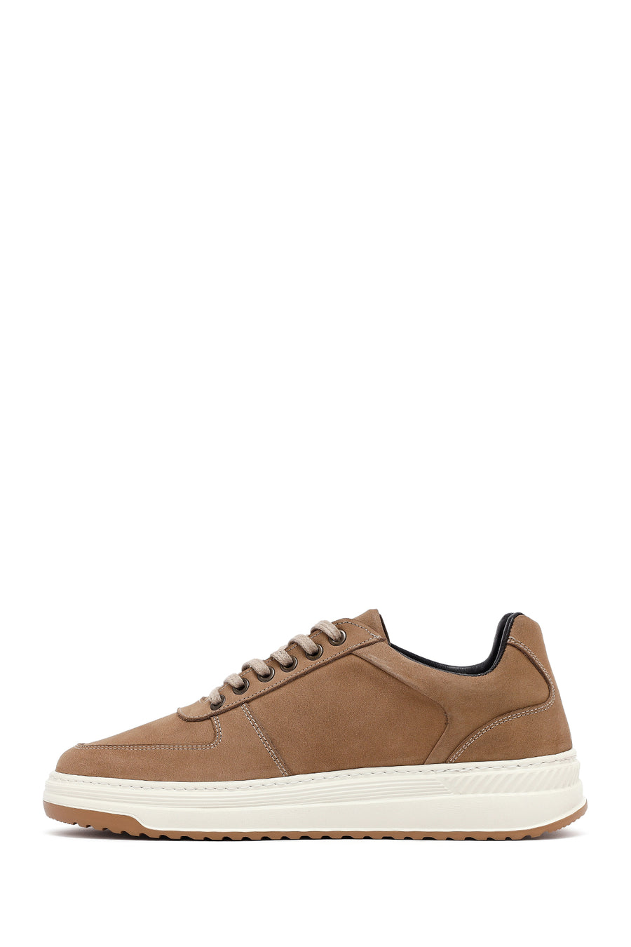 Men's Beige Lace-Up Thick-Soled Nubuck Leather Sneakers
