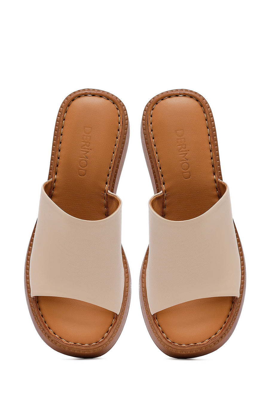 Women's Beige Platform Heel Leather Comfort Slippers