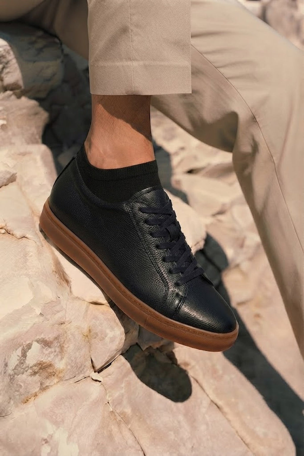 Erkek Siyah Bağcıklı Deri Sneaker