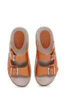 Women's Orange Double Buckled Leather Comfort Slippers | Derimod