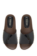 Woman Black Thick-Soled Patent Leather Slippers | Derimod