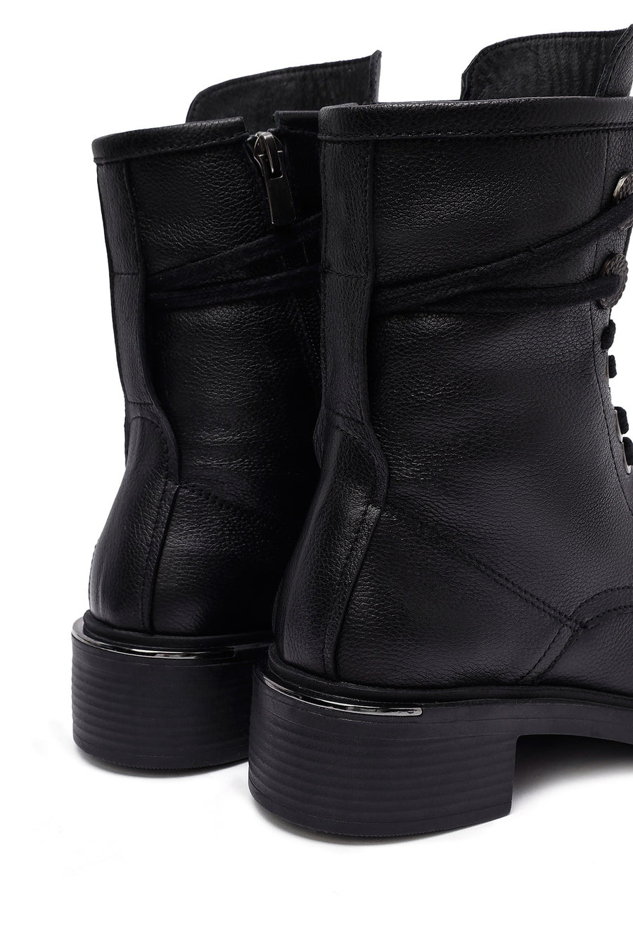 Women's Black Zippered Lace-Up Leather Ankle Boots